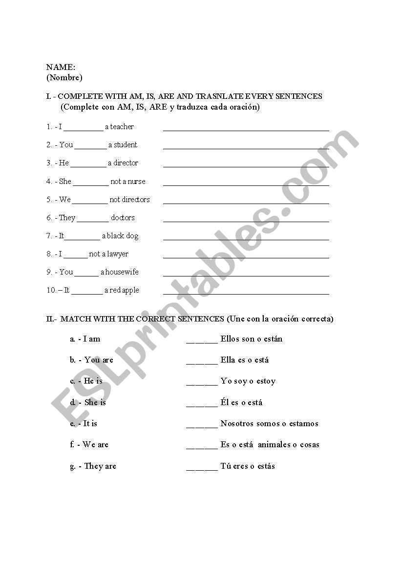 THE VERB TO BE worksheet