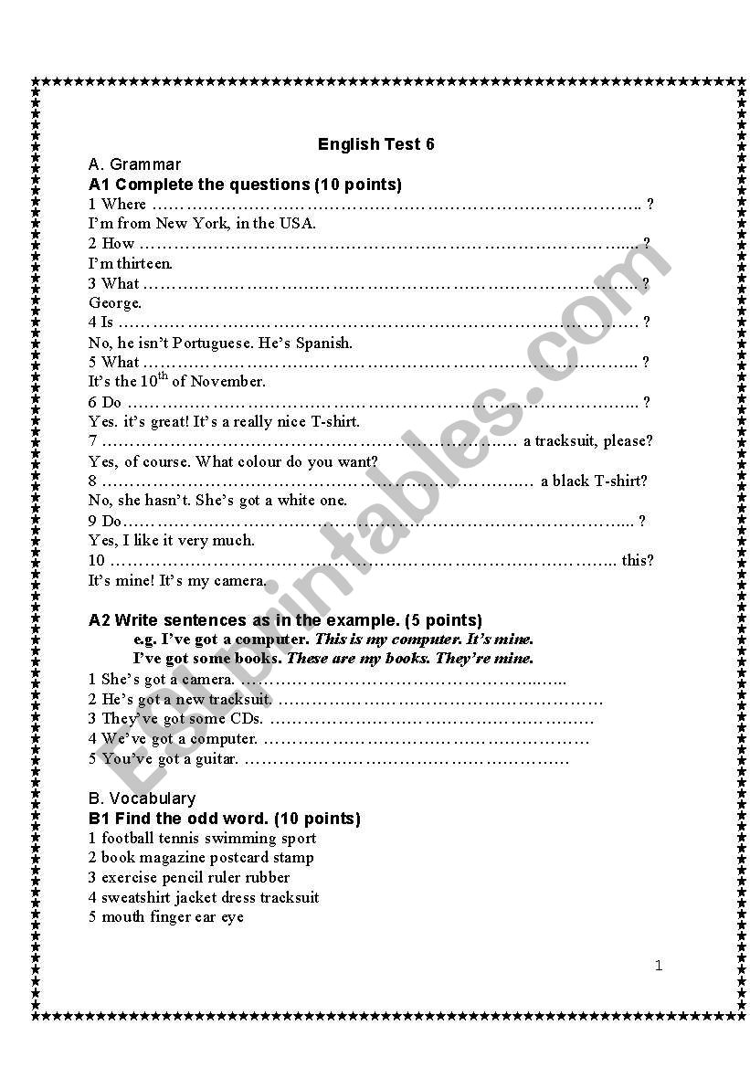 New English Test 6 worksheet