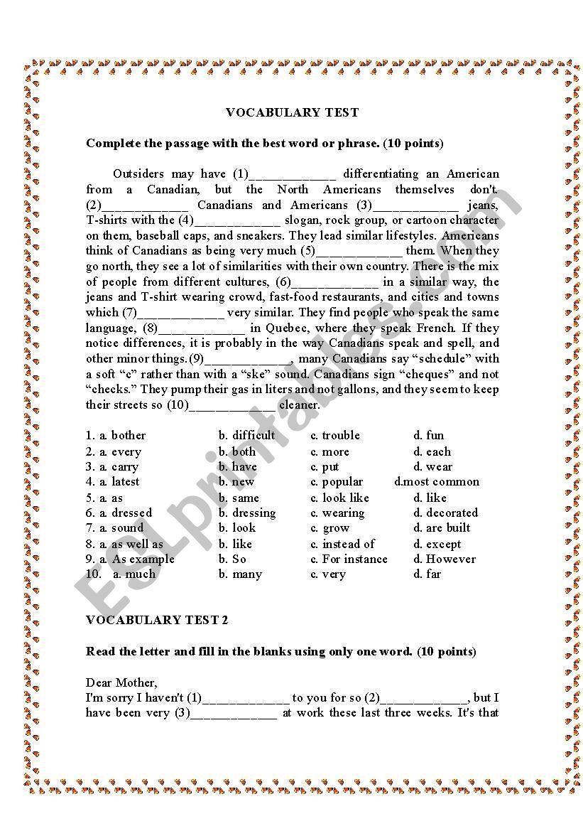 Vocabulary Test worksheet