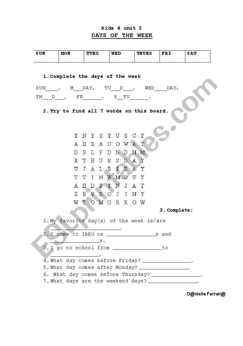 days of the week worksheet