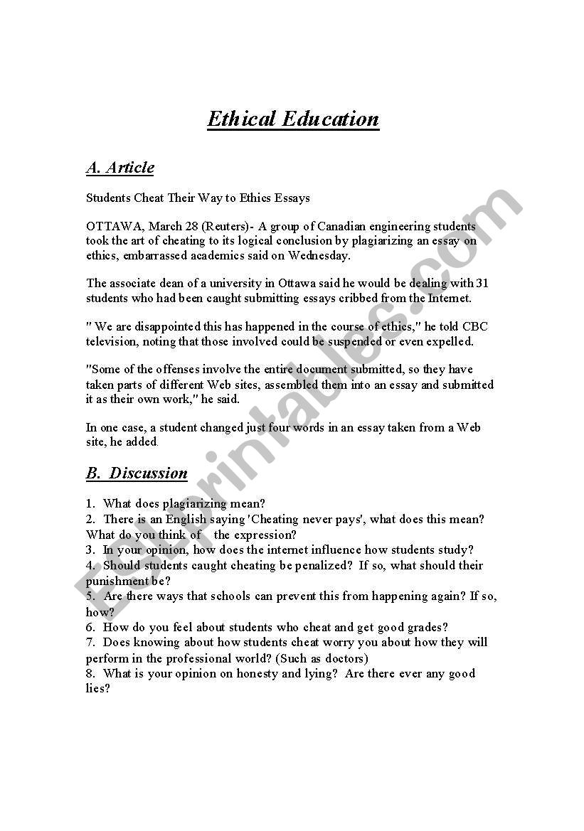 Ethical Education worksheet