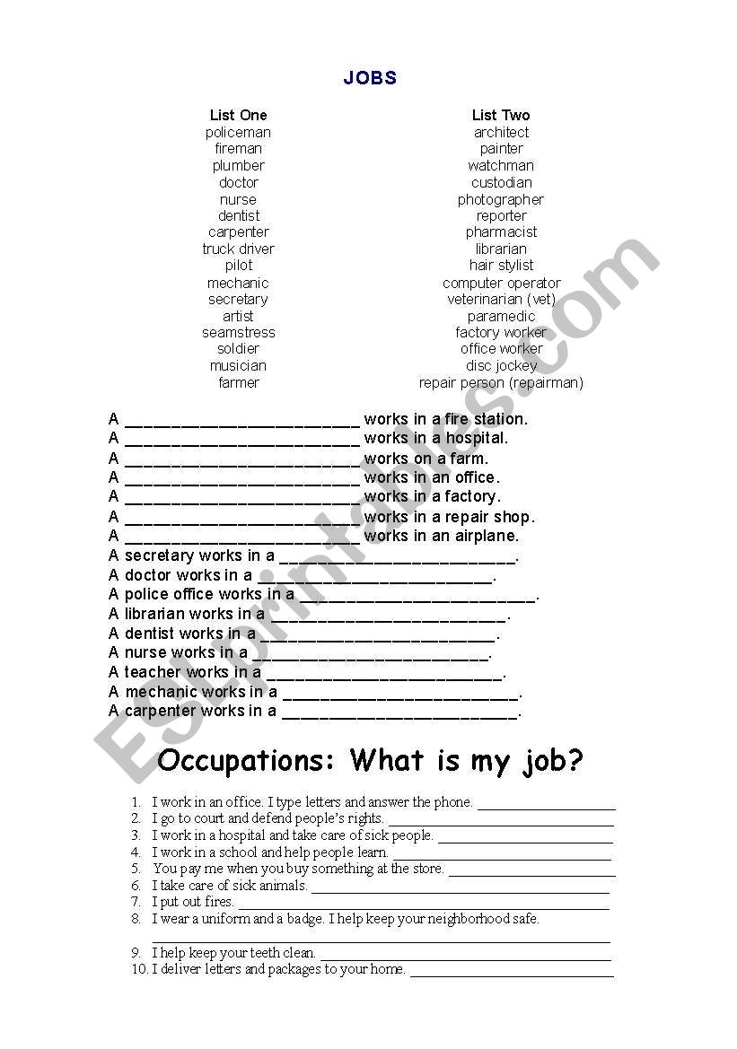 about jobs worksheet