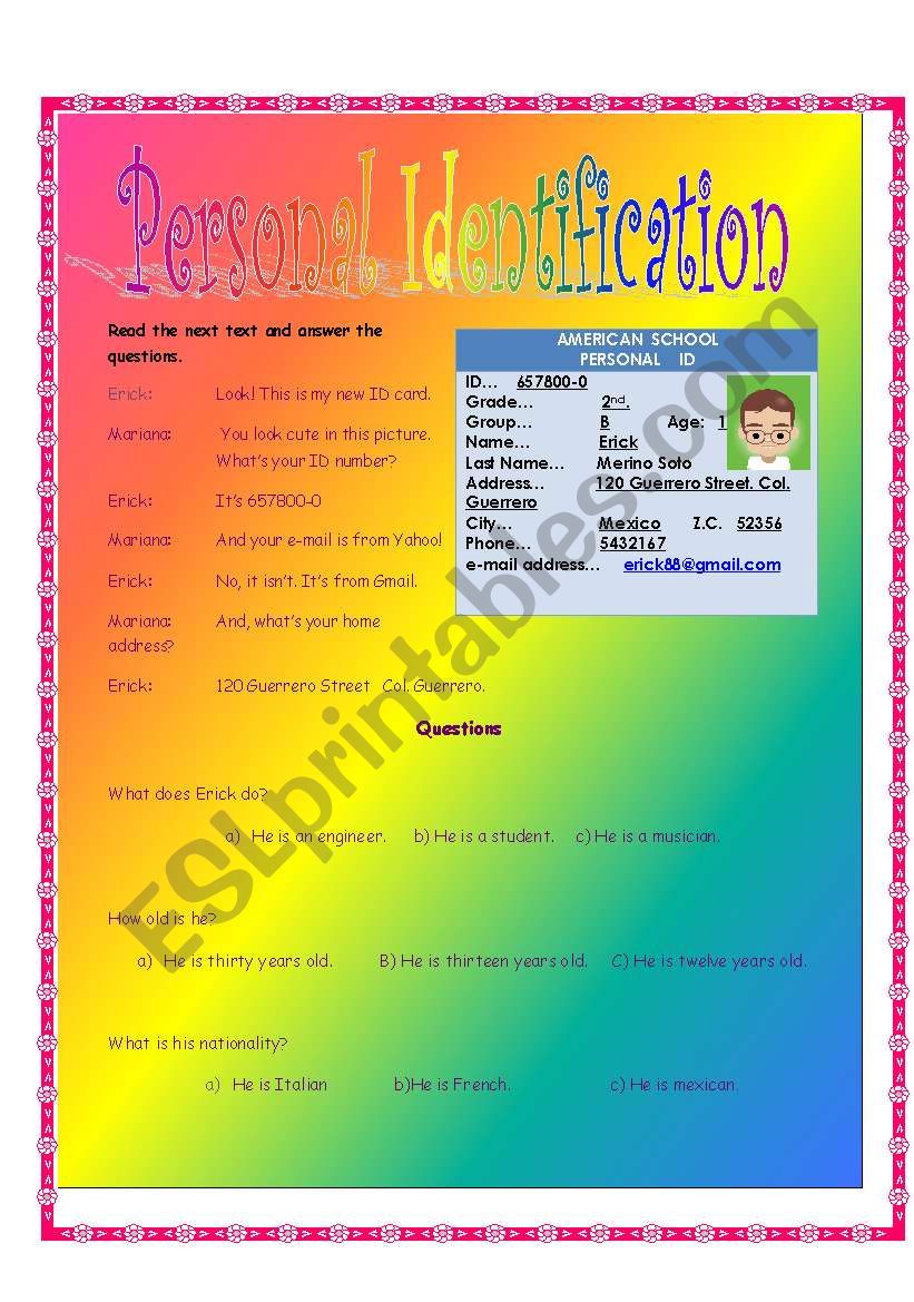 Personal Identification worksheet