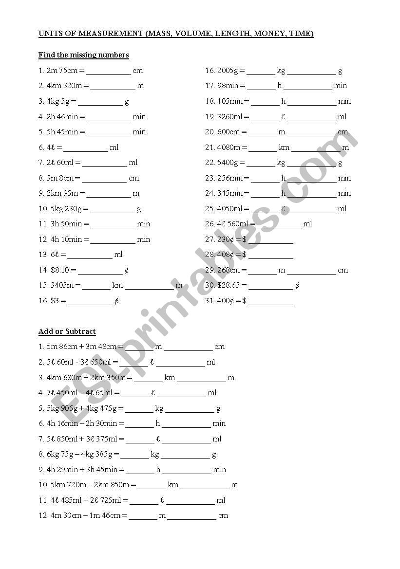 Units of measurement worksheet