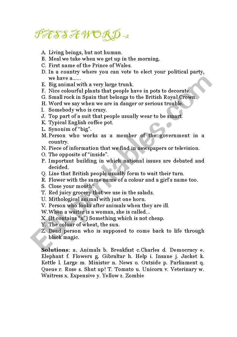 Game:PASS A WORD -2 worksheet