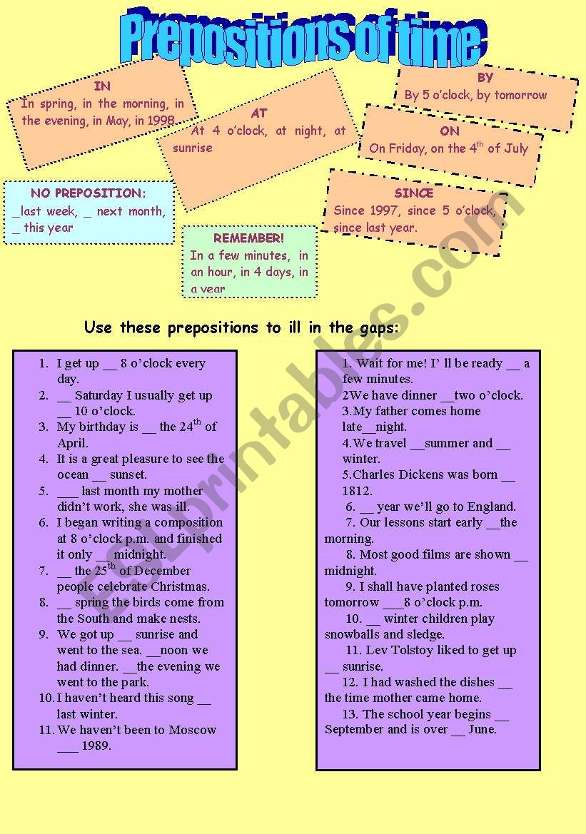 Preepositions of time worksheet