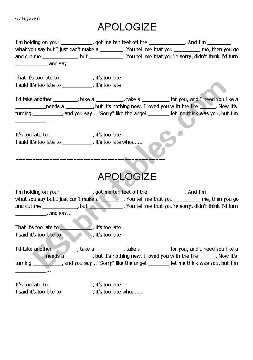 APLOGIZE worksheet