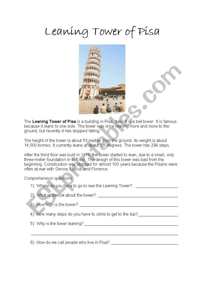 Leaning Tower of Pisa worksheet