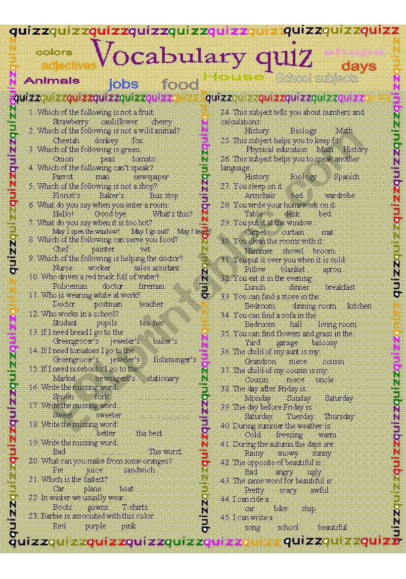 Vocabulary quiz worksheet