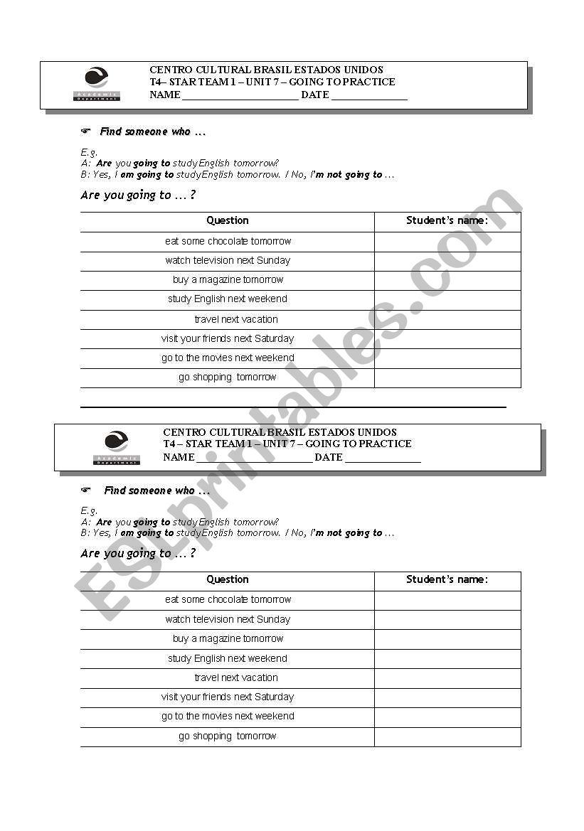 Going to- Oral practice worksheet