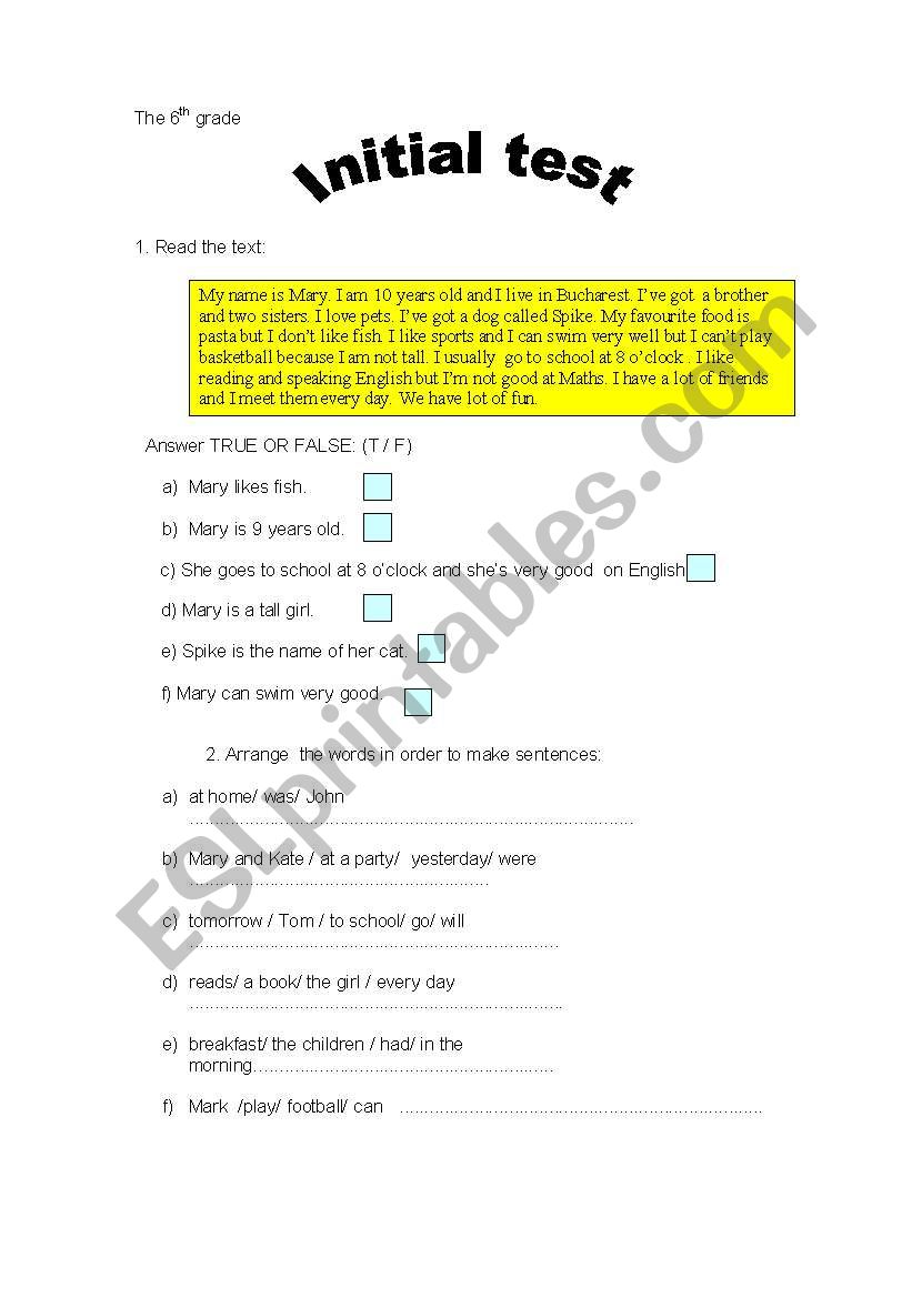 initial test  worksheet