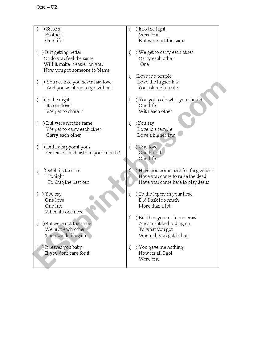 One - U2 worksheet