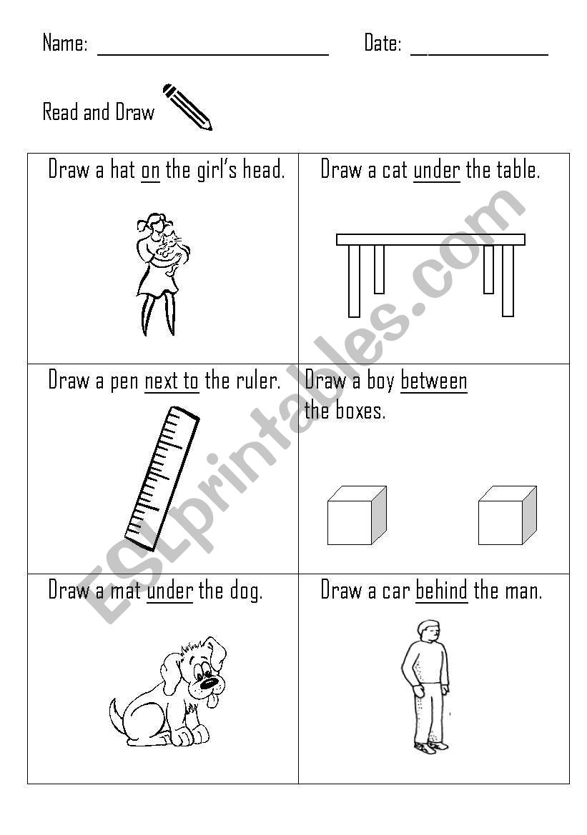 Prepositions - Read and Draw worksheet