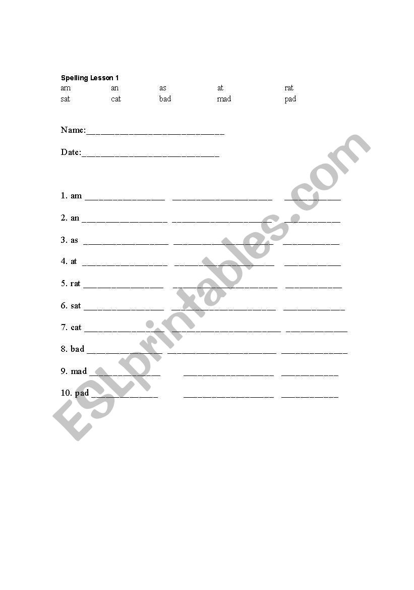 spelling list  worksheet
