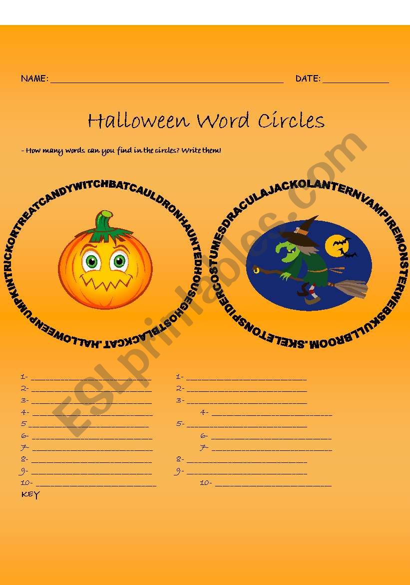 Halloween Word Circles worksheet