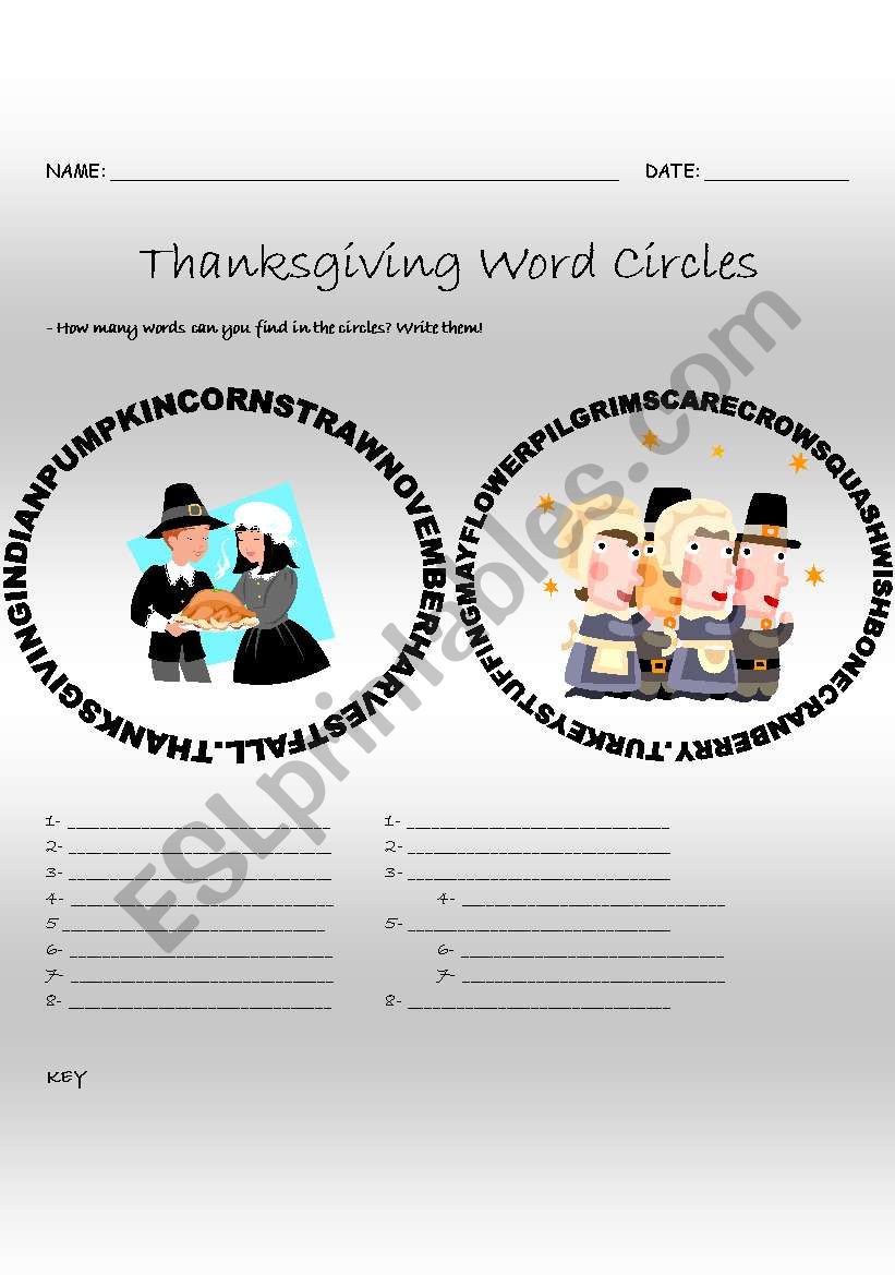 Thanksgiving Word Circles worksheet
