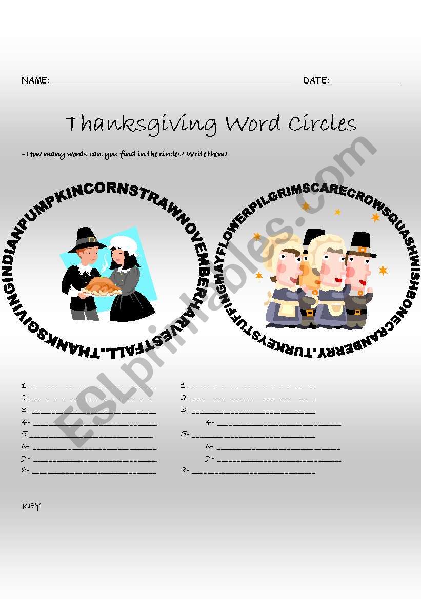 Thanksgiving Word Circles worksheet
