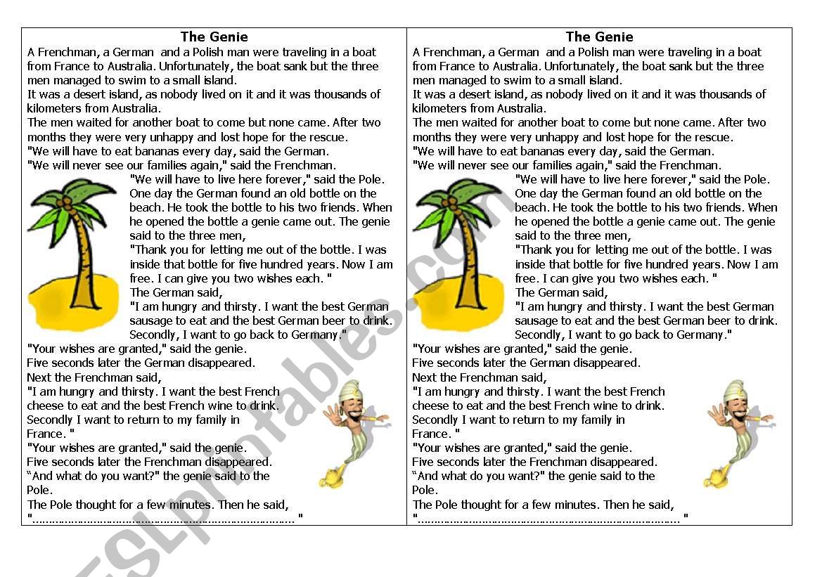 The Genie - Funny Story/ Joke - ESL worksheet by ultimatule