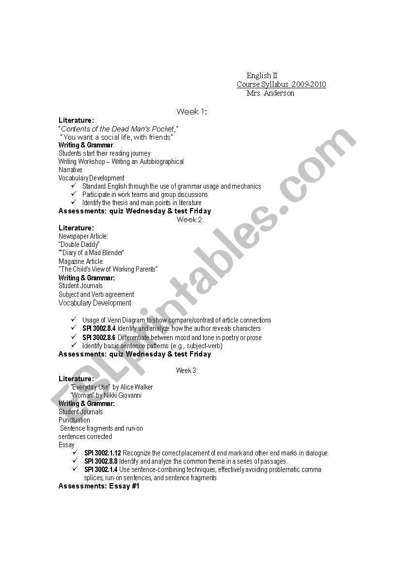 Syllabus English II worksheet