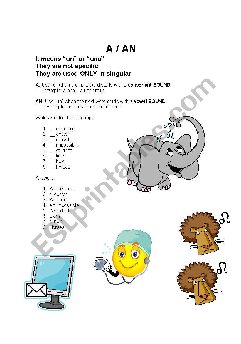 ARTICLES: A /AN worksheet