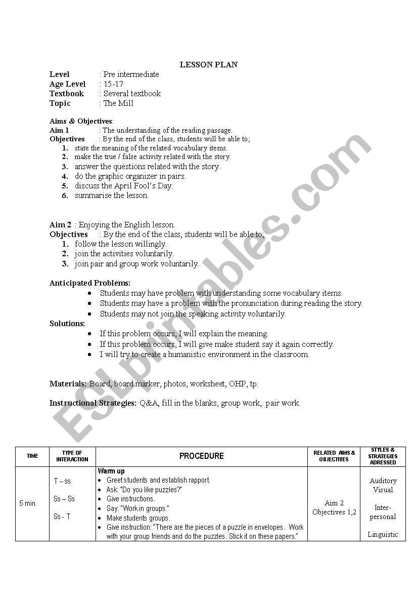 THE MILLs LESSON PLAN worksheet