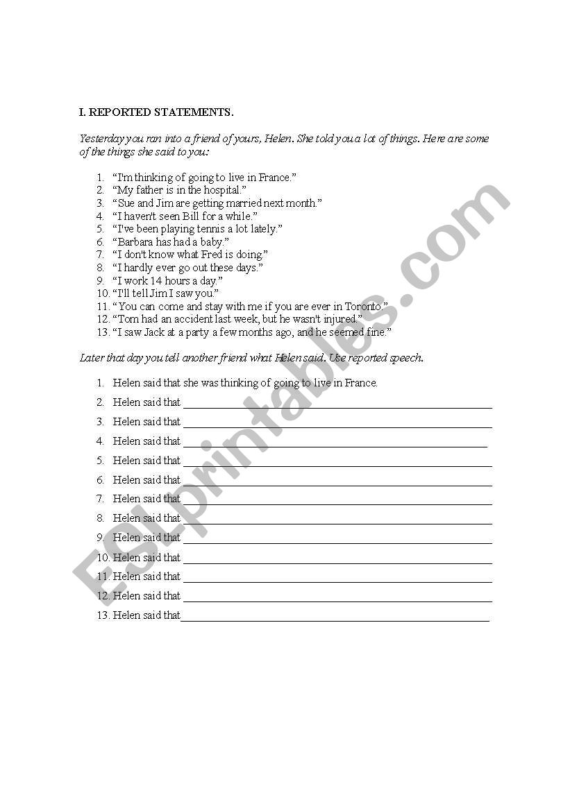 REPORTED SPEECH EXERCISES worksheet