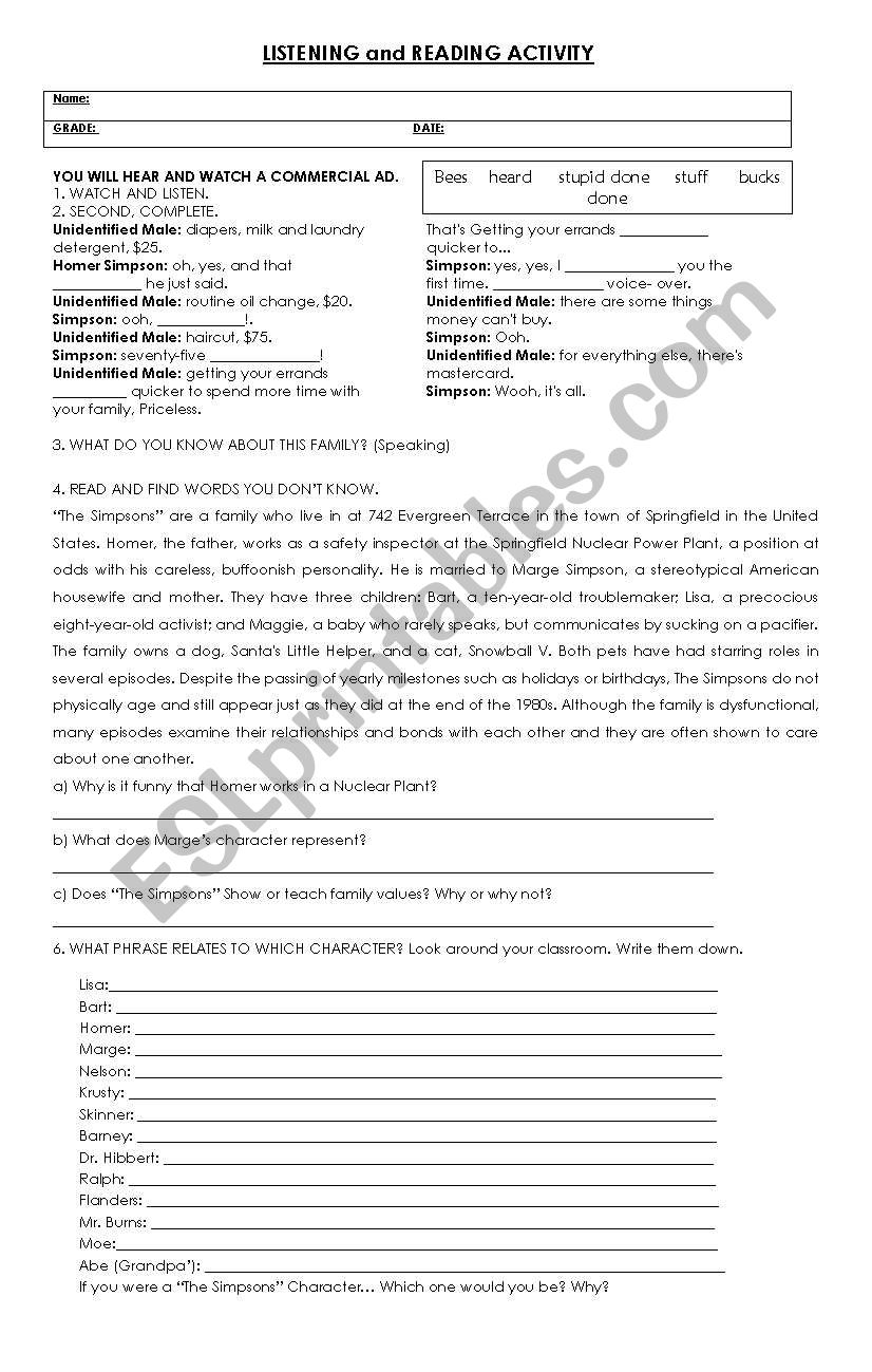 Simpsons Worksheet worksheet