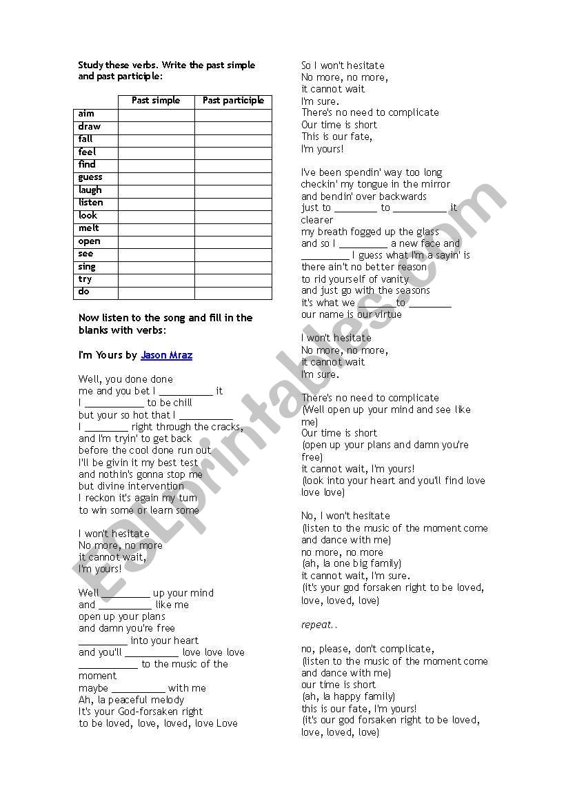 Im Yours - Jason Mraz worksheet