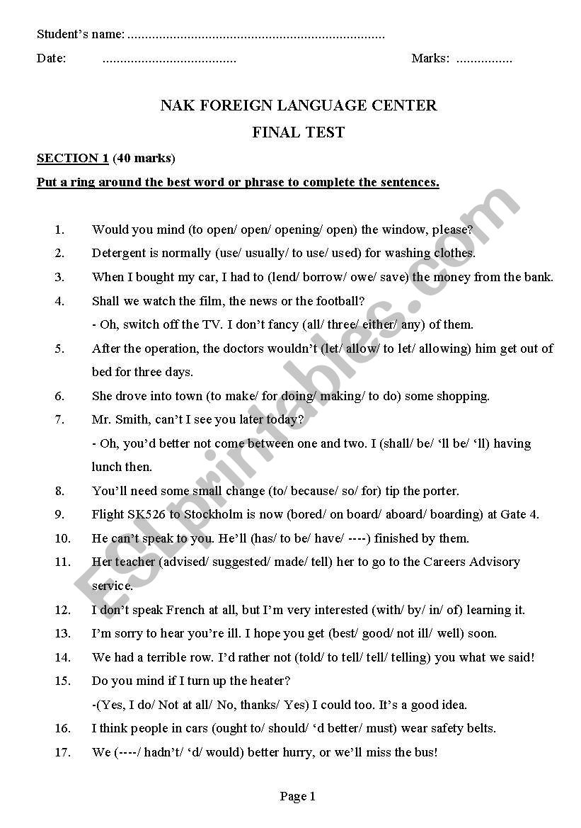 TESTING worksheet