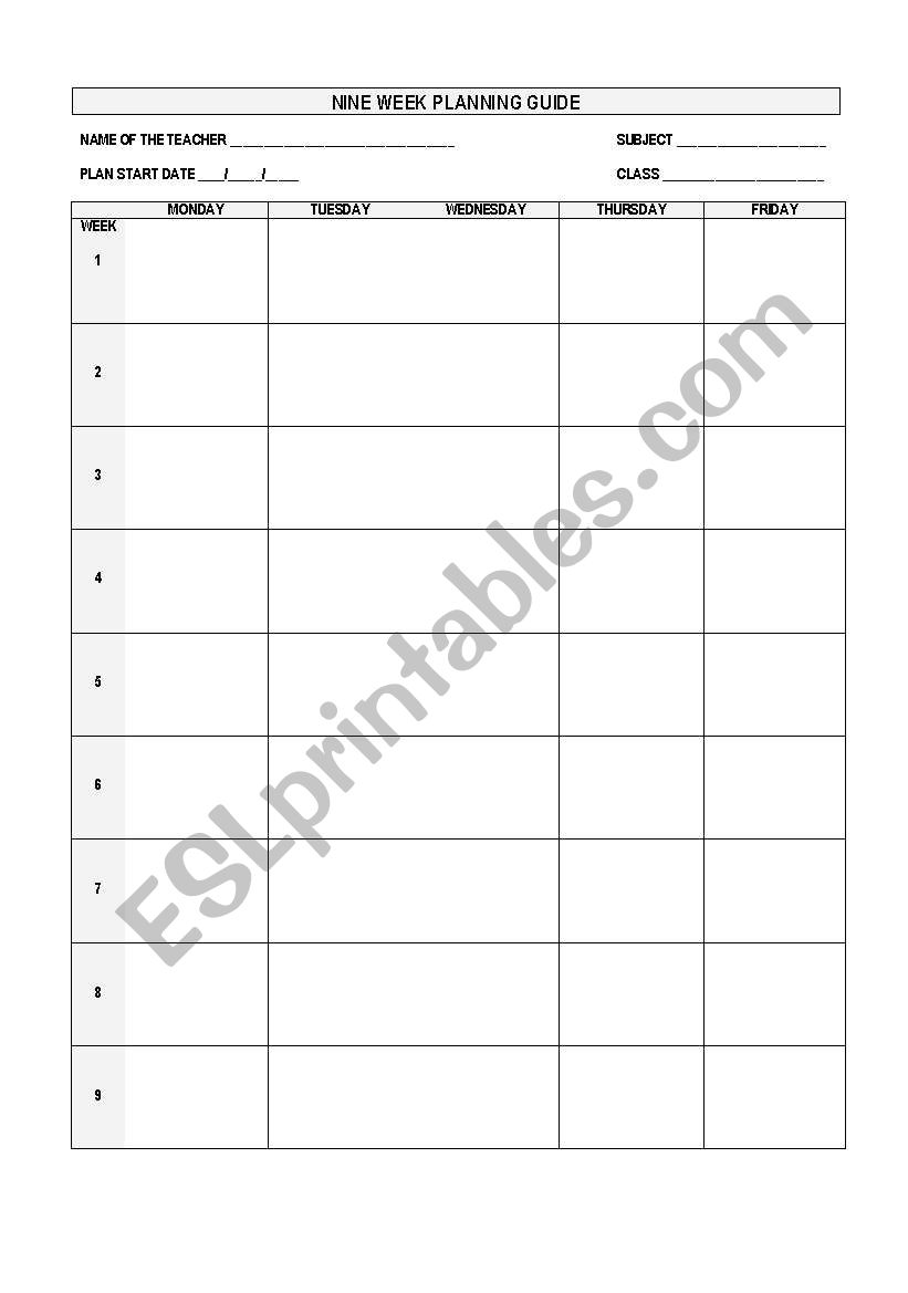 Nine week planning form worksheet