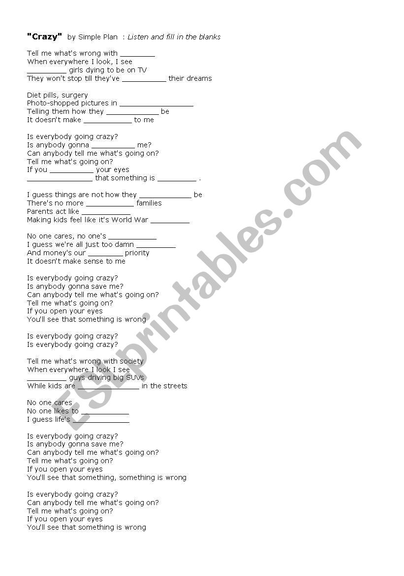 Crazy by Simple Plan worksheet