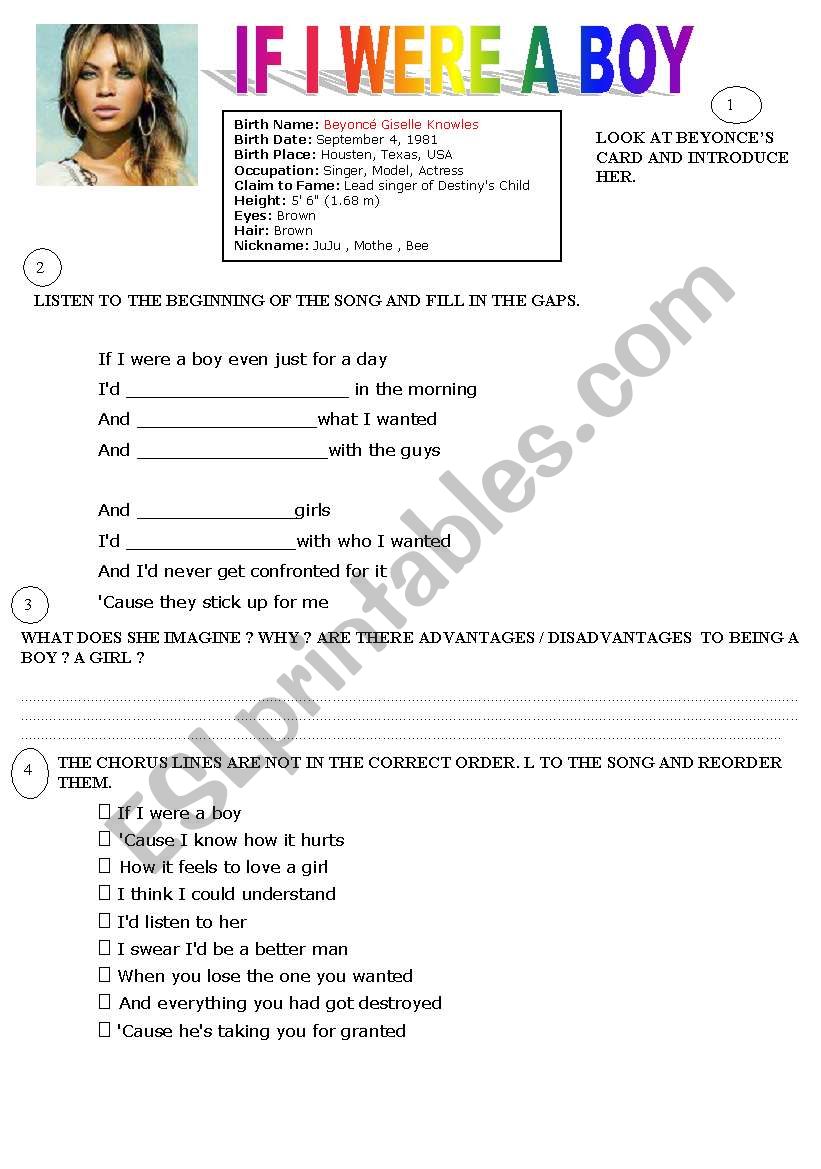 IF I WERE A BOY worksheet