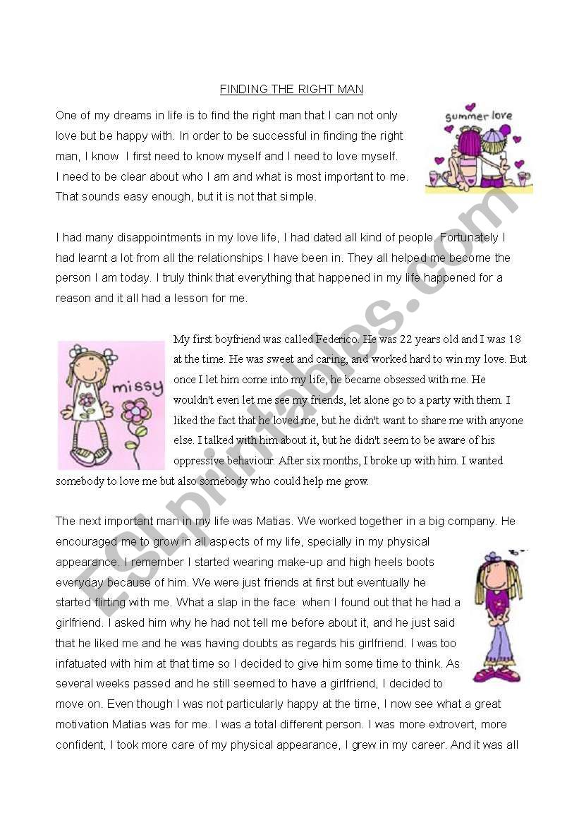 Finding the right man - Story worksheet
