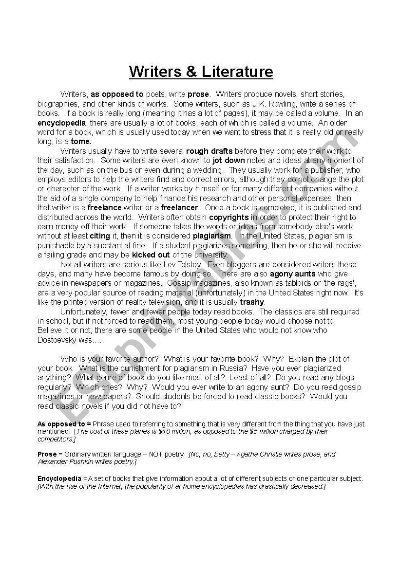 Writers & Literature worksheet