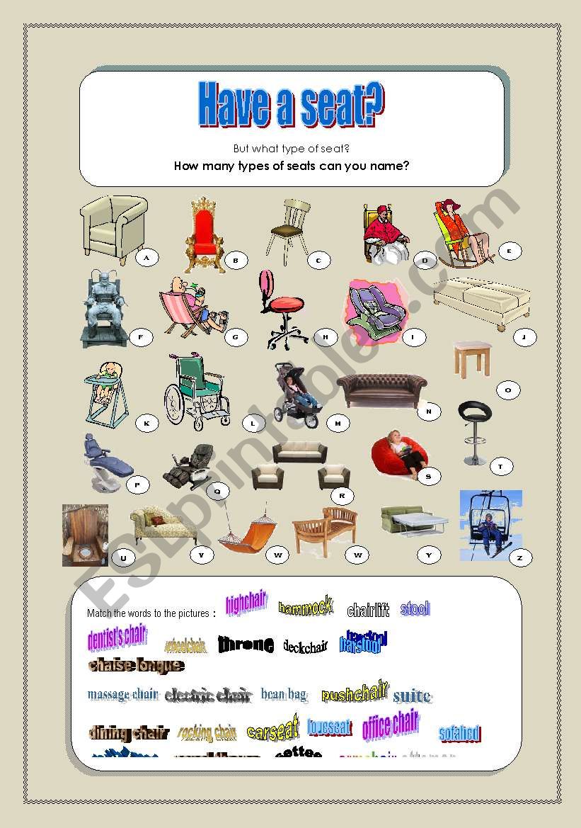 Chairs, chairs, chairs: a vocabulary worksheet suitable for most levels and ages