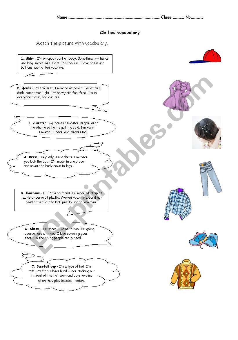 Clothes vocabulary  part.1 worksheet