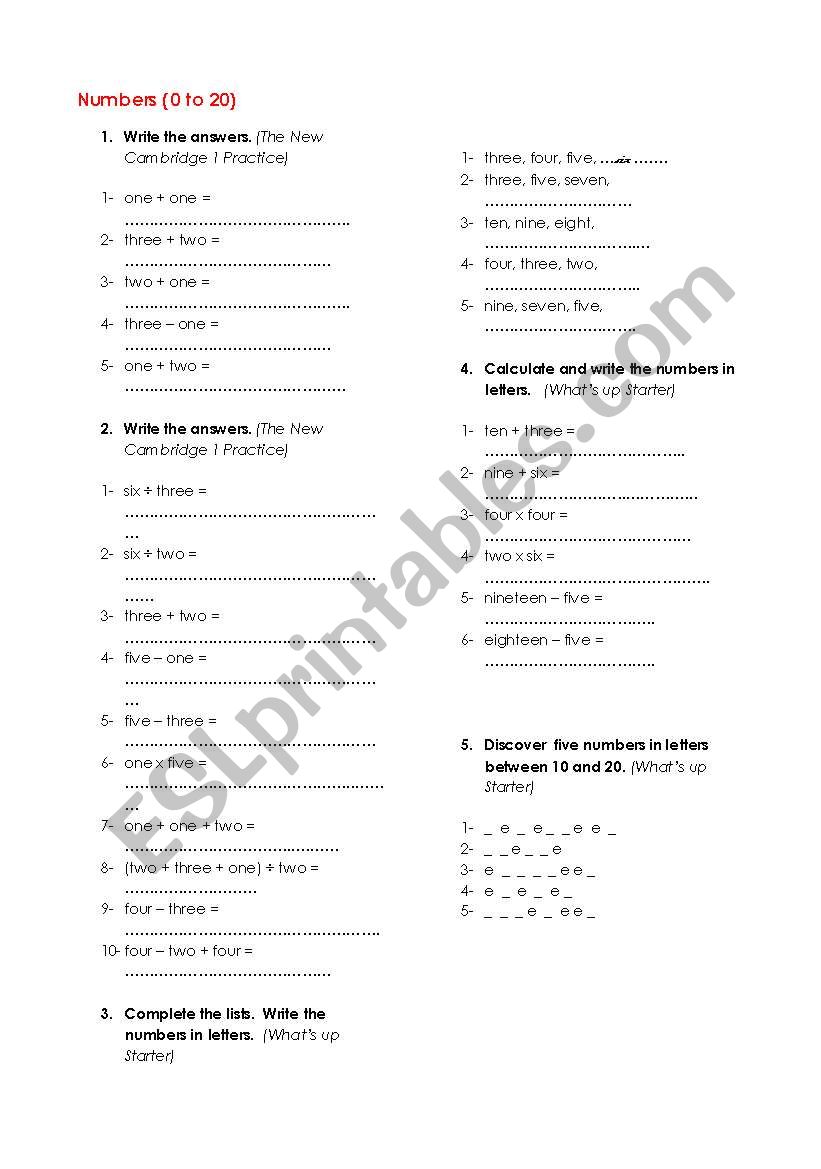 numbers 0-20 worksheet