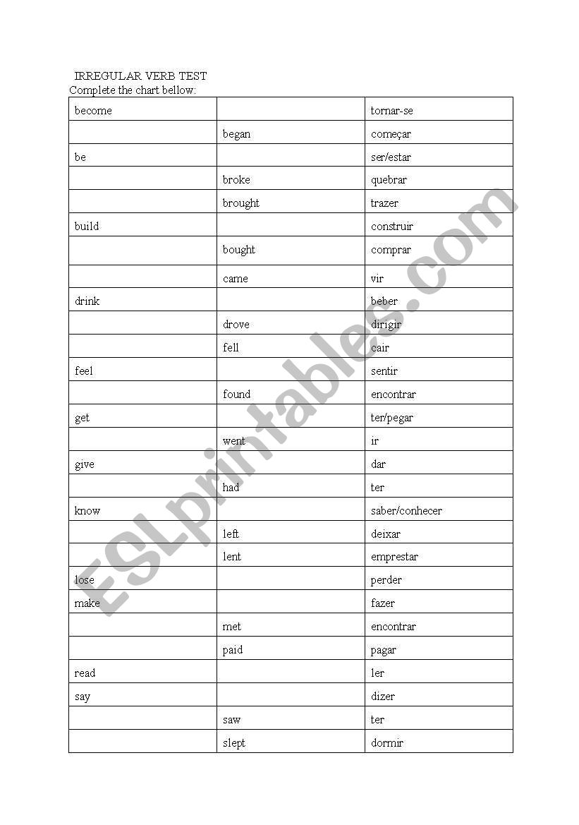 irregular verbs test worksheet