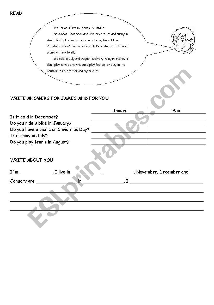 reading and writing worksheet: weather, freetime activities