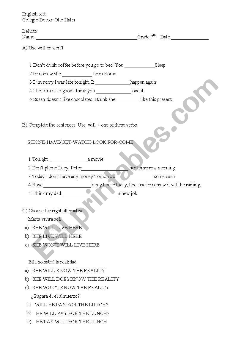 future test worksheet