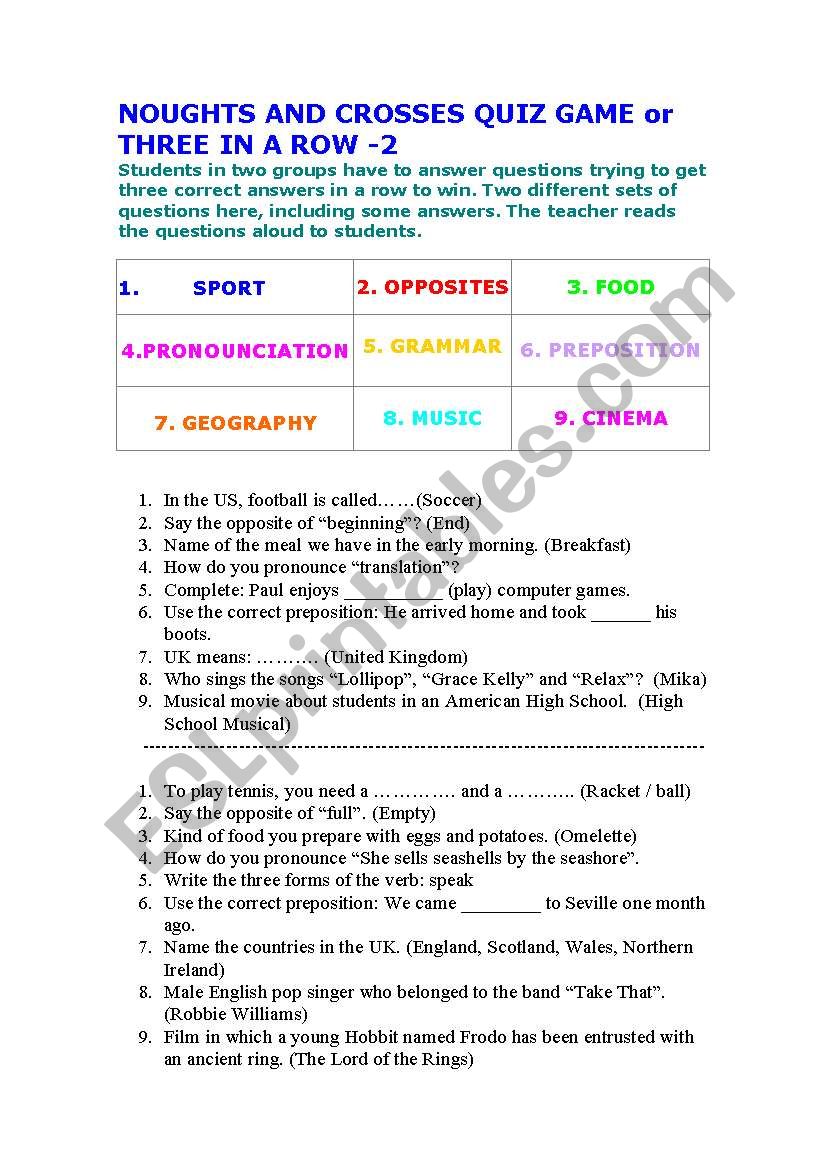 Game: Three in a Row -2 worksheet