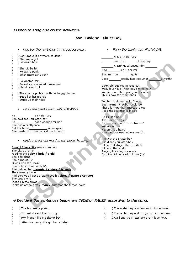 Sk8er Boy - Avril Lavigne worksheet