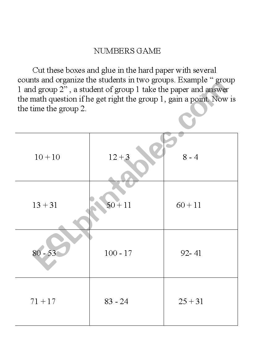 NUMBERS GAME worksheet