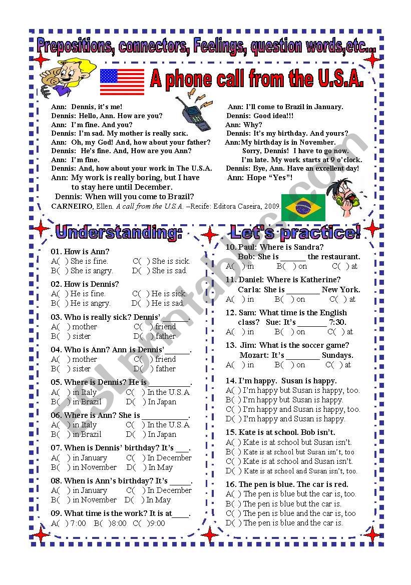 Worksheet: Prepositions, Connectors, Question words, Feelings,...