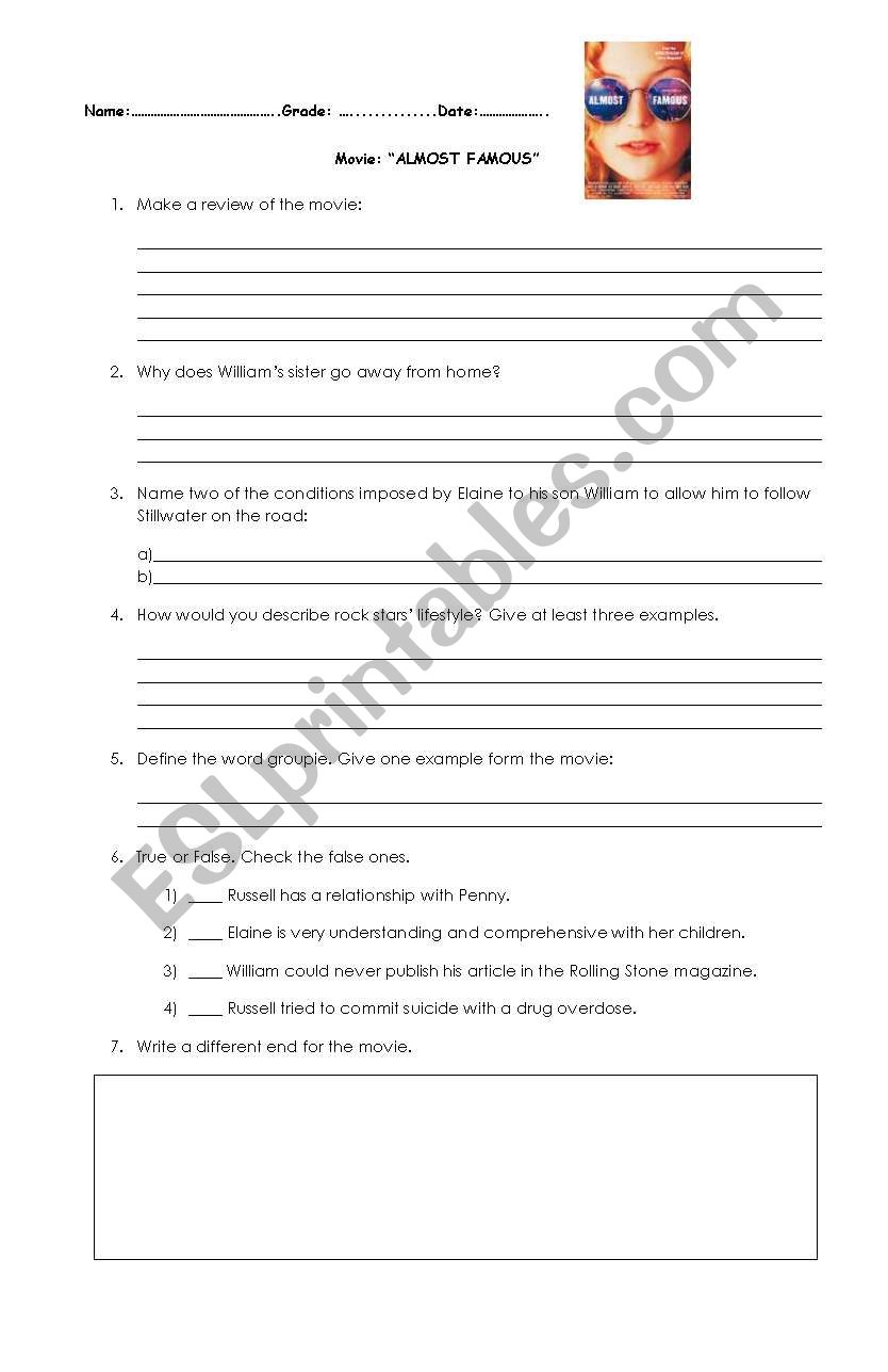 Movie Almost Famous worksheet