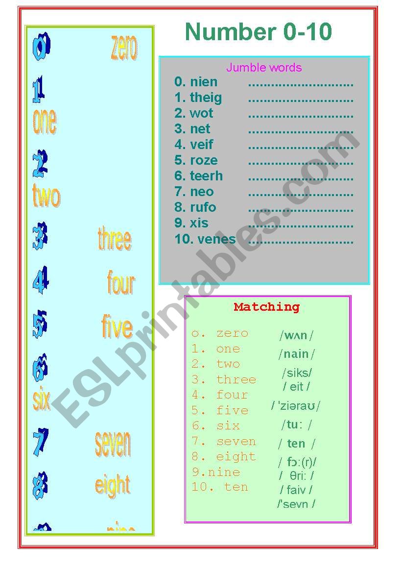 number from 0 to 10 worksheet