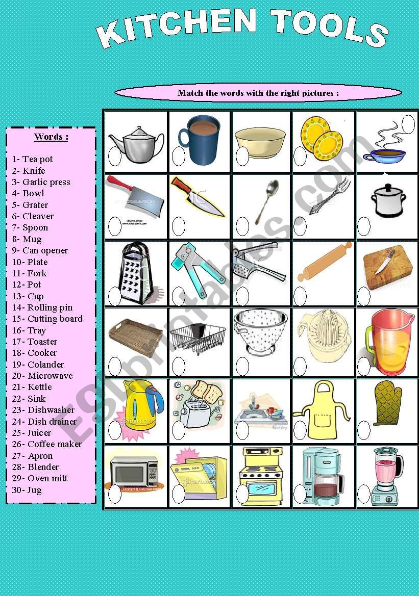 Kitchen tools worksheet