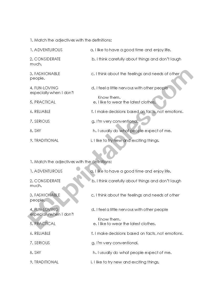 Adjectives of character worksheet