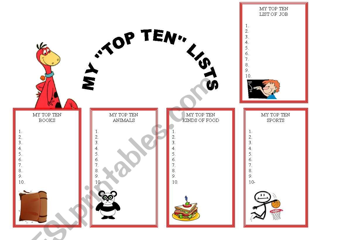 MY TOP TEN LISTS worksheet