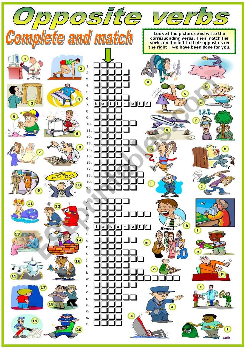 OPPOSITE VERBS - COMPLETE AND MATCH  2-2 (B&W VERSION INCLUDED)